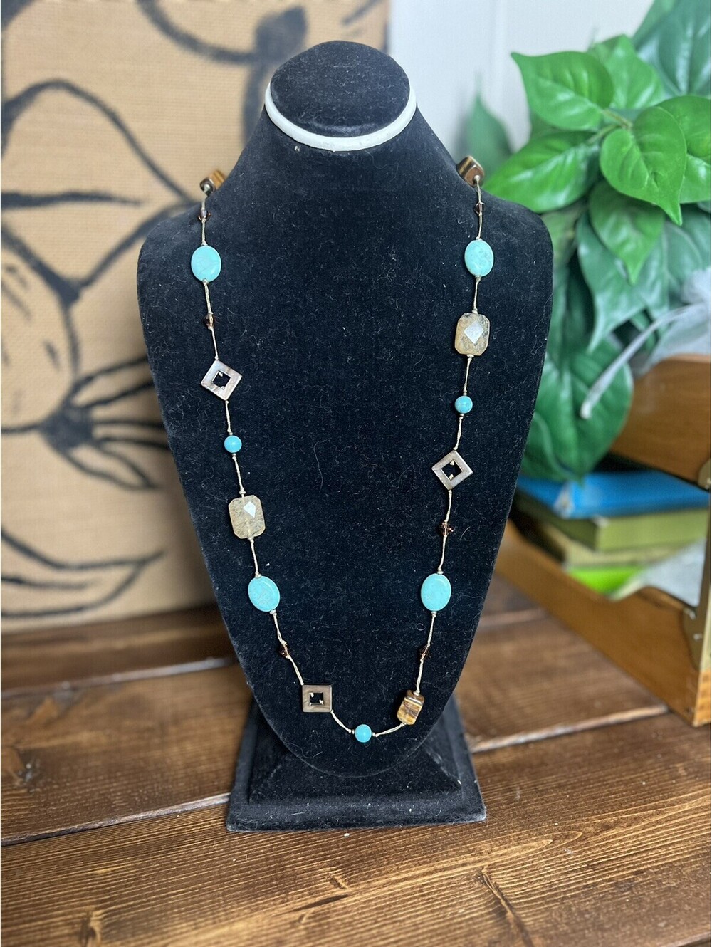 Promenade Necklace Tiger's Eye Faux Turquoise Premier Designs 32 in Browns Blues